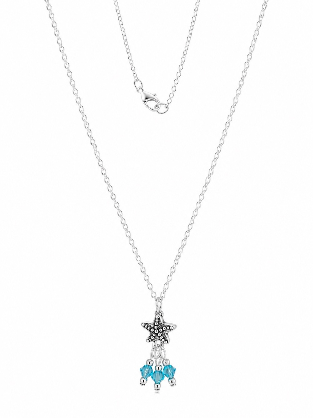 Silver Starfish Pendant Necklace with Turquoise Crystal Beads